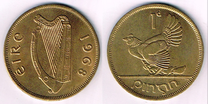 Ireland. Penny, 1968 error - struck in nickel-brass instead of bronze. at Whyte's Auctions