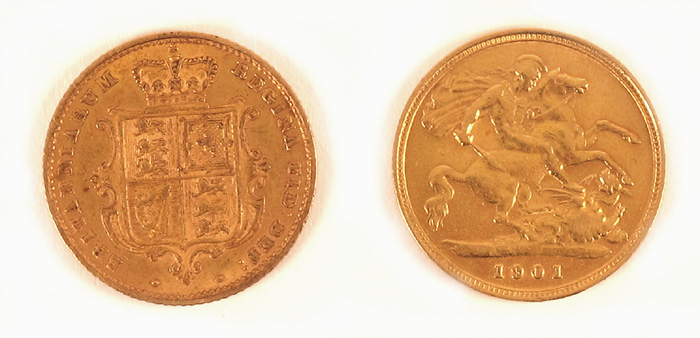 Victoria gold half sovereigns 1859 and 1901. at Whyte's Auctions