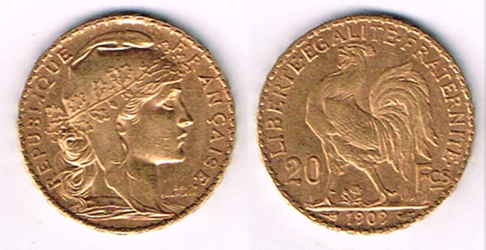 France gold twenty francs, 1909 at Whyte's Auctions