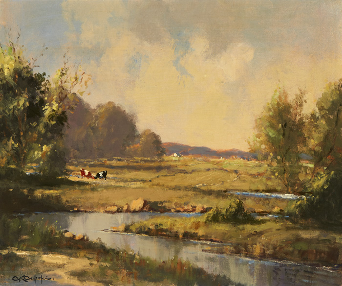 CATTLE GRAZING BY A RIVER WITH COTTAGES BEYOND by George K. Gillespie RUA (1924-1995) at Whyte's Auctions