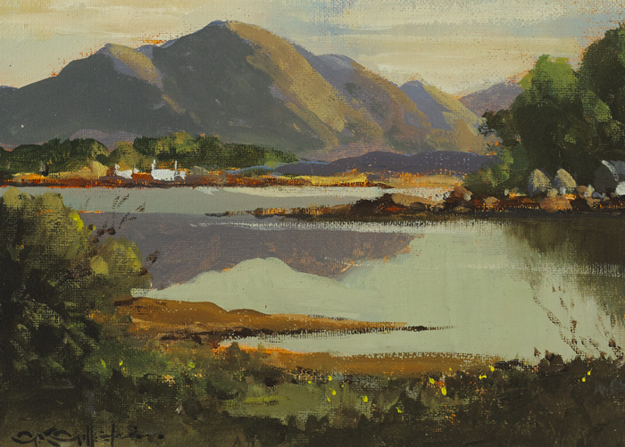 COTTAGES BY A LAKE WITH MOUNTAINS IN THE DISTANCE by George K. Gillespie RUA (1924-1995) at Whyte's Auctions