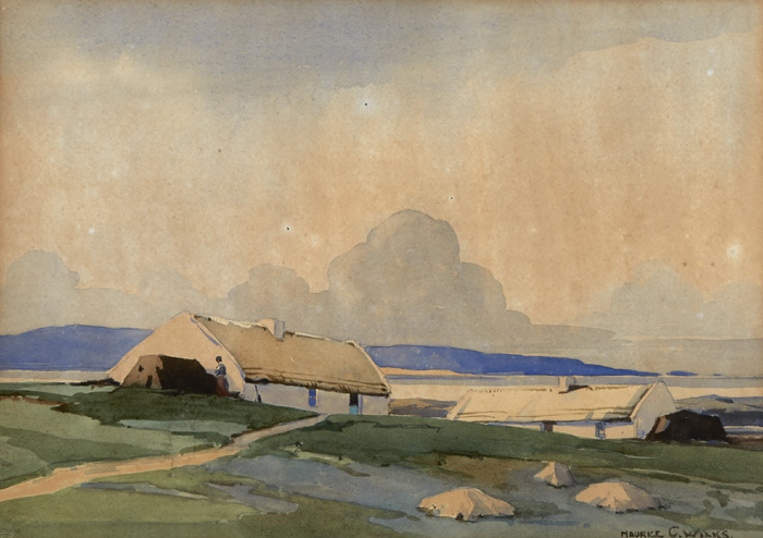 FIGURE BY TURF STACKS AND COTTAGES by Maurice Canning Wilks RUA ARHA (1910-1984) at Whyte's Auctions