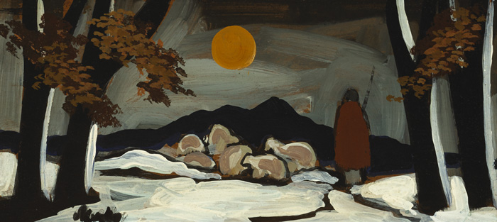 SNOW SCENE WITH SHAWLIE AND YELLOW MOON by Markey Robinson (1918-1999) at Whyte's Auctions