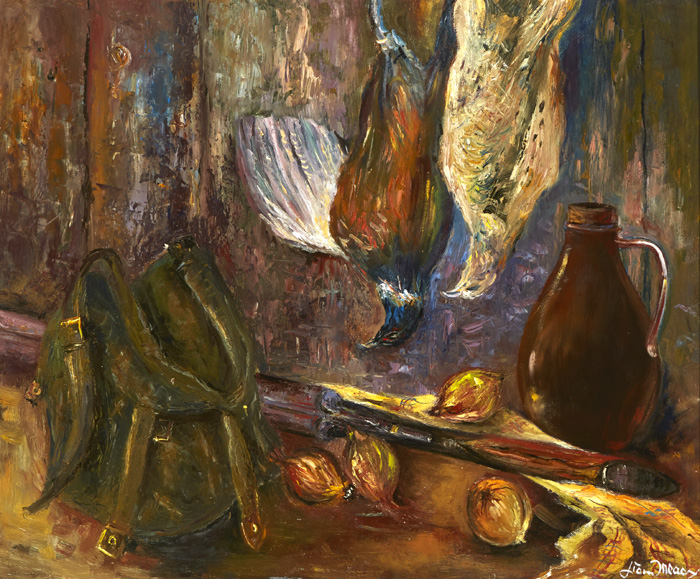 STILL LIFE WITH GAME, SATCHEL AND JUG by Liam Treacy (1934-2004) at Whyte's Auctions