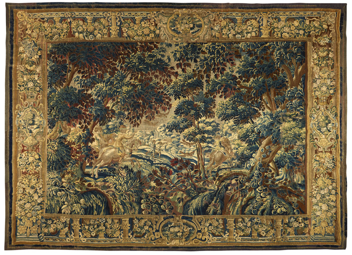 Flemish School, 17th / 18th CenturyVERDURE TAPESTRY woven in wools and silks,126.50174Provenance:Private collectionWoven in wools and silks, depicting a hunting scene with figures on horseback and a c... at Whyte's Auctions