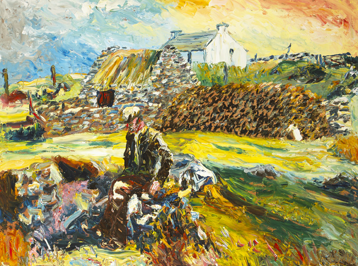 KERRY FARM WITH MAN SITTING ON STONE WALL by Liam O'Neill (b.1954) at Whyte's Auctions