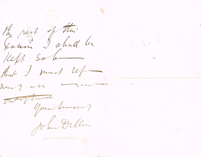 Circa 1880. John Dillon MP handwritten and signed letter at Whyte's Auctions