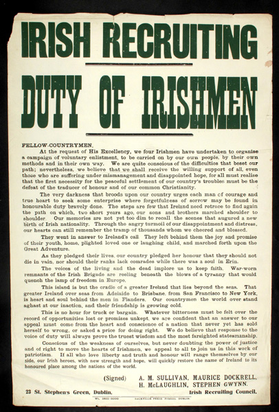 WW1 Irish Recruiting Poster, Irish Recruiting - Duty of Irishmen"" at Whyte's Auctions