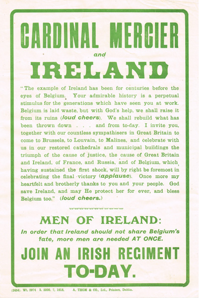 WW1 Irish Recruiting Poster, Cardinal Mercier and Ireland"" at Whyte's Auctions