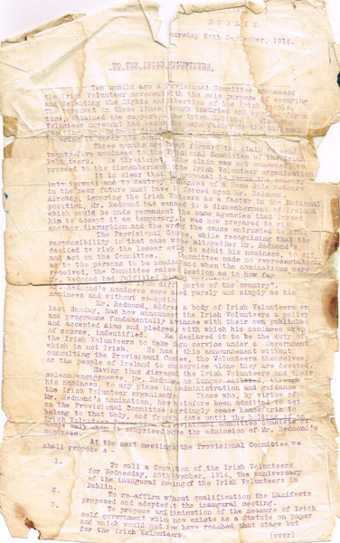 1914 (24th September) Letter to The Irish Volunteers from the Provisional Committee. at Whyte's Auctions