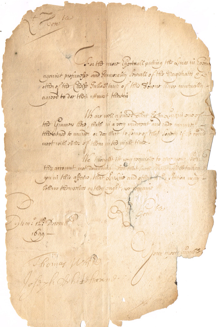 1699 (12 December) Portsmouth Garrison letter relating to troop behaviour at Whyte's Auctions