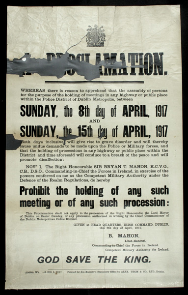 1917 (6 April) Proclamation prohibiting the holding of meetings in a public place between 8 and 15 April, 1917. at Whyte's Auctions