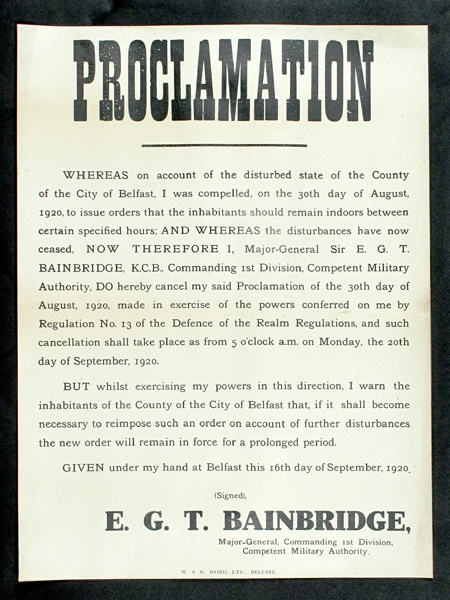 1920 (30 August) Curfew Cancellation Order, Belfast Pogroms at Whyte's Auctions