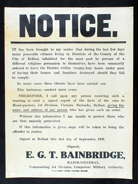 1920 (2 September) Notice, Belfast Pogroms, Barbarous conduct"" at Whyte's Auctions