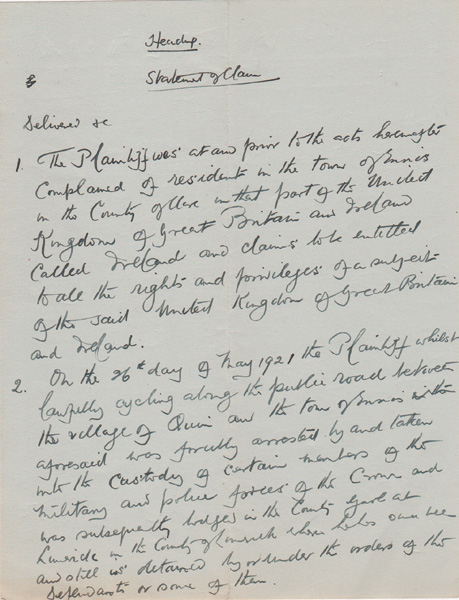 1921 (May-June) Manuscript notes by Hugh Kennedy KC regarding the arrest of his client by the Black and Tans in Quin. at Whyte's Auctions