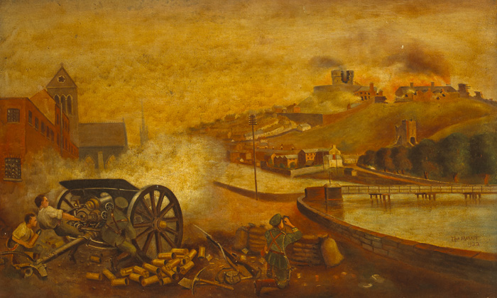 1922. Civil War. 'The First Shot, Drogheda', oil painting by Thomas Markey (1885-1967). at Whyte's Auctions