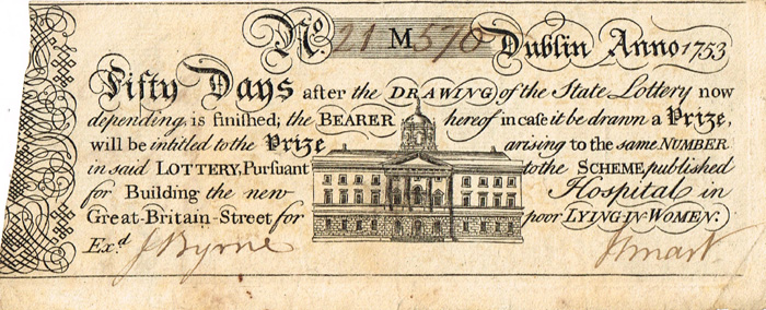 1753. Dublin Lottery Ticket in aid of the Rotunda Hospital. at Whyte's Auctions