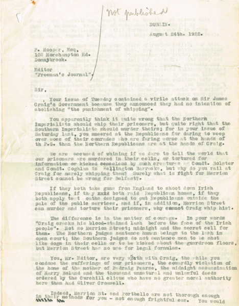 1922 (August 24th) O'Malley, Ernie. Typescript Letter from Ernie O'Malley to Patrick Hooper Editor of the Freeman's Journal . at Whyte's Auctions