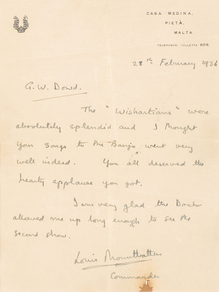 1936 (23 February) Lord Mountbatten autograph letter. at Whyte's Auctions