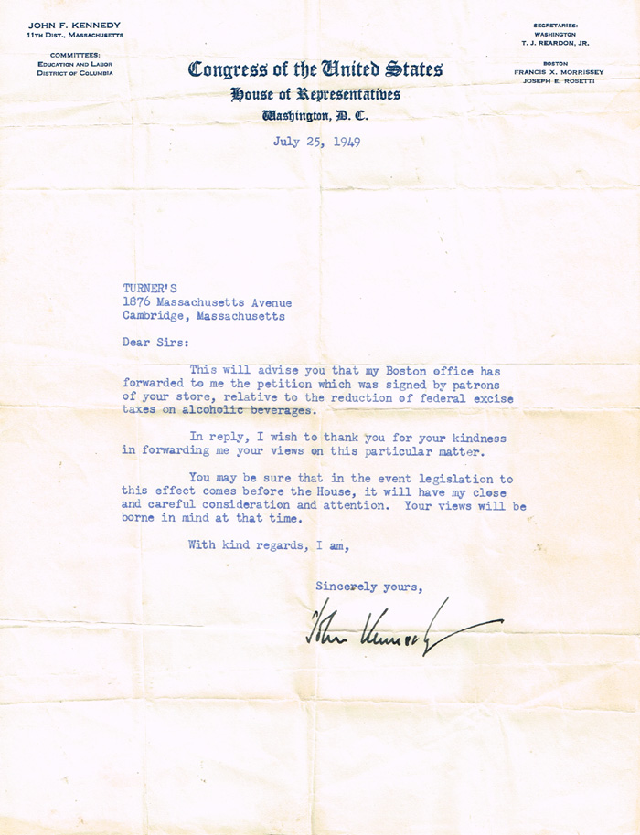 1949 (25 July). Letter signed by Congressman John Kennedy - later President of the USA 1960-1963. at Whyte's Auctions