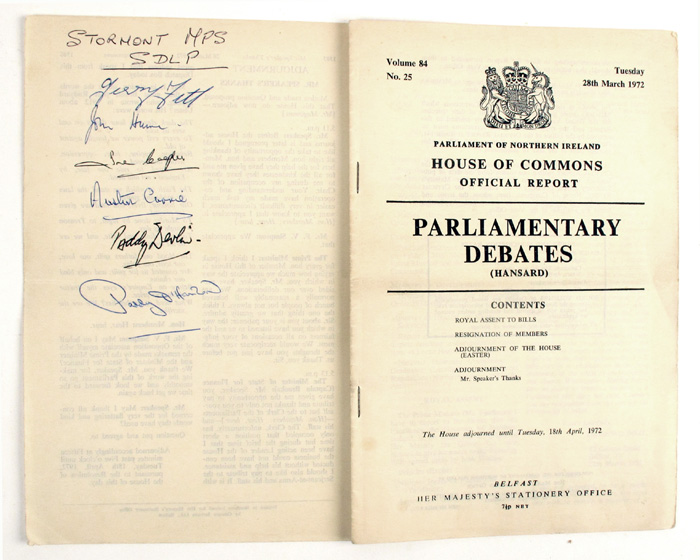 1972 (28 March) Parliament of Northern Ireland report, signed by founders of the SDLP. at Whyte's Auctions