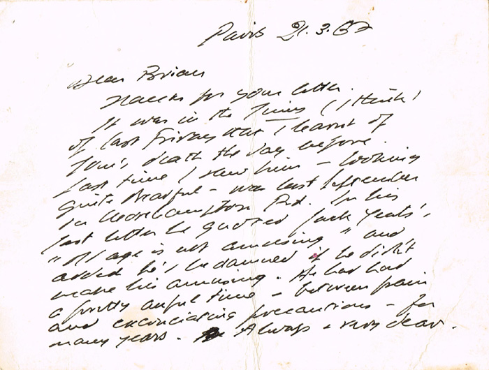 1967 (21 March), Paris. Samuel Beckett, autograph letter at Whyte's Auctions