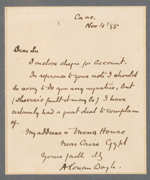4 Nov 1895 Sir Arthur Ignatius Conan Doyle signed note at Whyte's Auctions