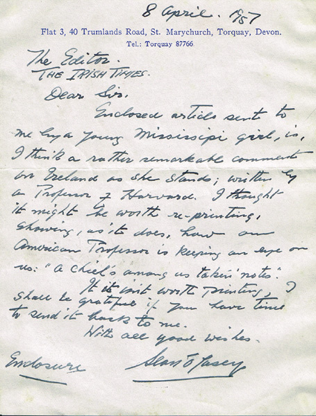 1957 (8 April) Letter from Sean O'Casey to the Editor, The Irish Times at Whyte's Auctions