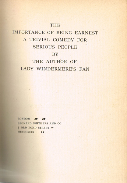Wilde, Oscar. The Importance of Being Earnest: at Whyte's Auctions