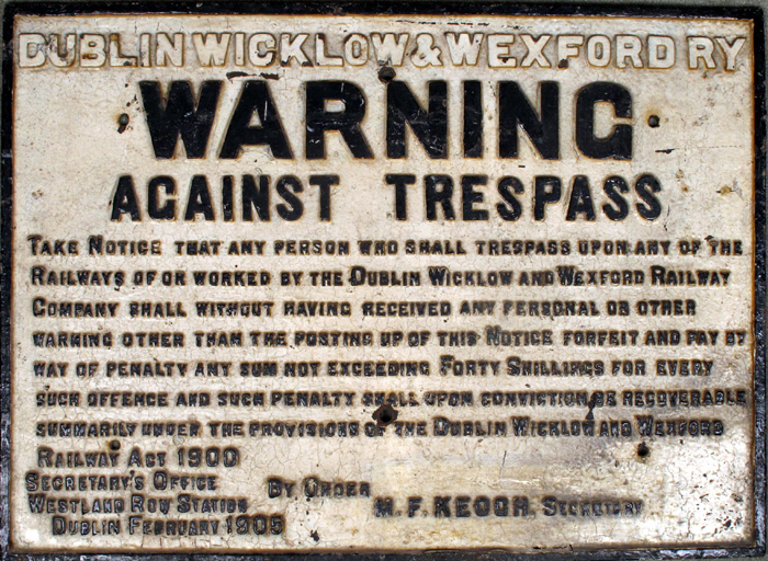 1905 Dublin, Wicklow and Wexford Railway, WARNING AGAINST TRESPASS" notice." at Whyte's Auctions