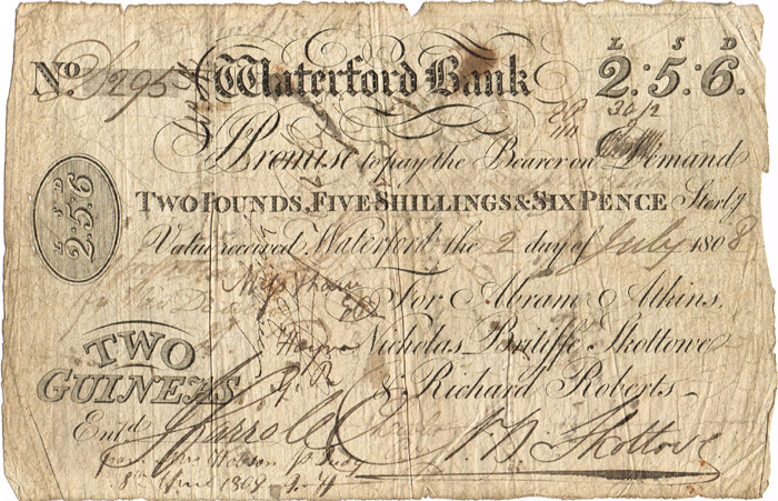Waterford Bank Two Guineas Banknote, 2nd July 1808. at Whyte's Auctions