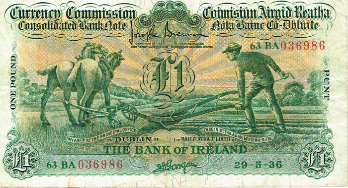 Currency Commission Consolidated Banknote 'Ploughman' Bank of Ireland One Pound, 29-5-36. at Whyte's Auctions
