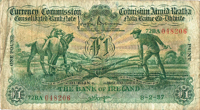 Currency Commission Consolidated Banknote 'Ploughman' Bank of Ireland One Pound, 8-2-37. at Whyte's Auctions