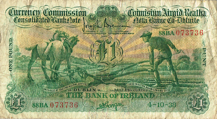 Currency Commission Consolidated Banknote 'Ploughman' Bank of Ireland One Pound, 4-10-38. at Whyte's Auctions