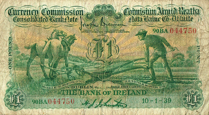 Currency Commission Consolidated Banknote 'Ploughman' Bank of Ireland One Pound, 10-1-39. at Whyte's Auctions