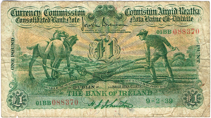 Currency Commission Consolidated Banknote 'Ploughman' Bank of Ireland One Pound 9-2-39. at Whyte's Auctions