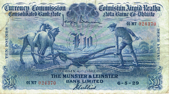 Currency Commission Consolidated Banknote 'Ploughman' Munster & Leinster Bank Ten Pounds, 6-5-29. at Whyte's Auctions