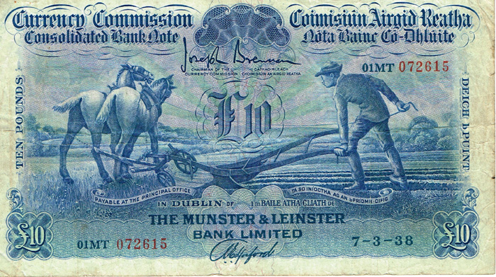 Currency Commission Consolidated Banknote 'Ploughman' Munster & Leinster Bank Ten Pounds, 7-3-38 at Whyte's Auctions