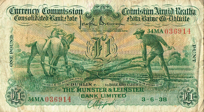 Currency Commission Consolidated Banknote 'Ploughman' Munster & Leinster Bank One Pound, 3-6-38. at Whyte's Auctions