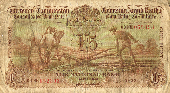 Currency Commission Consolidated Banknote 'Ploughman' National Bank Five Pounds, 15-3-33. at Whyte's Auctions