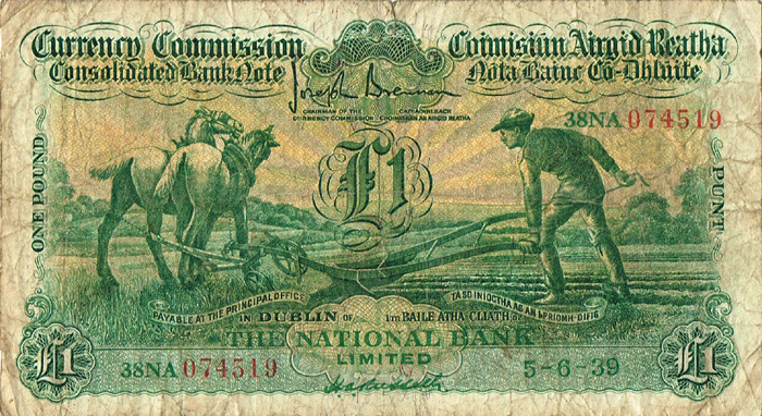 Currency Commission Consolidated Banknote 'Ploughman' National Bank One Pound, 5-6-39. at Whyte's Auctions