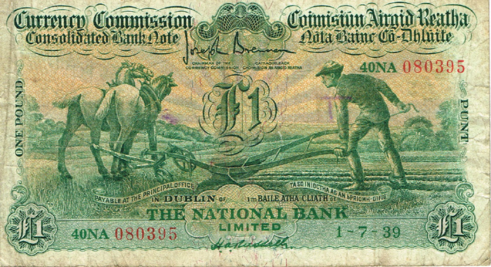 Currency Commission Consolidated Banknote 'Ploughman' National Bank One Pound 1-7-39. at Whyte's Auctions
