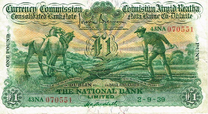 Currency Commission Consolidated Banknote 'Ploughman' National Bank One Pound 2-9-39. at Whyte's Auctions