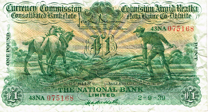 Currency Commission Consolidated Banknote 'Ploughman' National Bank One Pound 2-9-39. at Whyte's Auctions