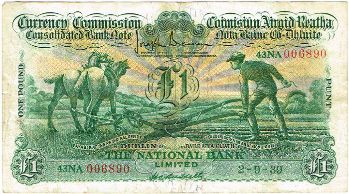 Currency Commission Consolidated Banknote 'Ploughman' National Bank One Pound, 2-9-39. at Whyte's Auctions