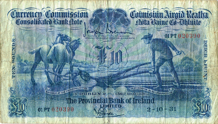 Currency Commission Consolidated Banknote 'Ploughman' Provincial Bank of Ireland Ten Pounds, 2-10-31. at Whyte's Auctions