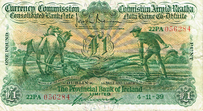 Currency Commission Consolidated Banknote 'Ploughman' Provincial Bank of Ireland One Pound, 4-11-39. at Whyte's Auctions