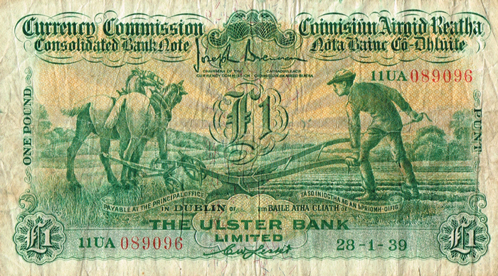 Currency Commission Consolidated Banknote 'Ploughman' Ulster Bank One Pound 28-1-39. at Whyte's Auctions