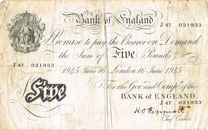 Bank of England Five Pounds, 16 June 1945. at Whyte's Auctions