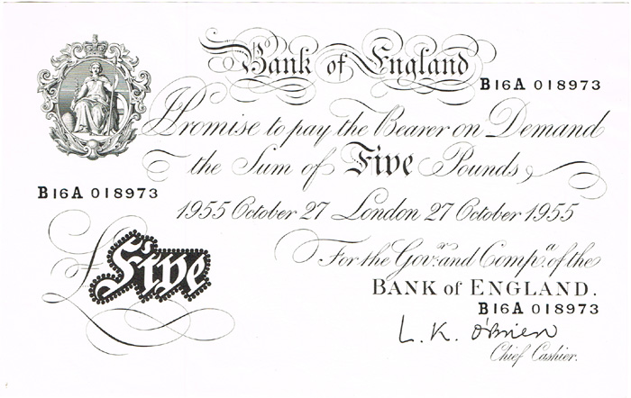 Bank of England Five Pounds, 27 October 1955. at Whyte's Auctions